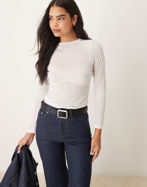 ASOS DESIGN raglan exposed seam neppy long sleeve top in white