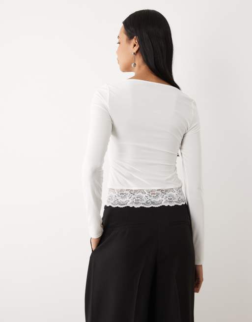 ASOS DESIGN – Biały top z długimi rękawami i koronkowymi wstawkami, 3 z 4