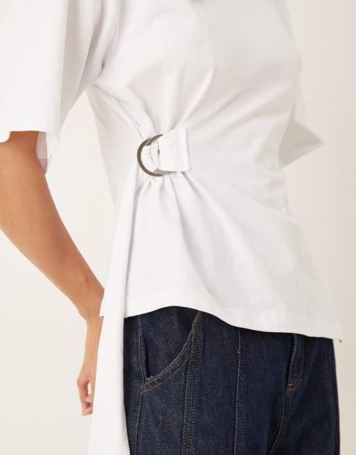 ASOS DESIGN – Biały zbierany asymetryczny top z krótkimi rękawami, 3 z 4