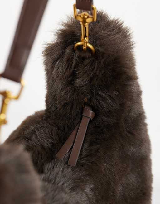 ASOS DESIGN big faux fur shoulder bag in chocolate, 3 of 4