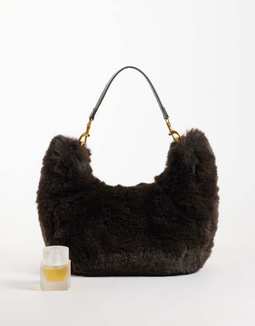 ASOS DESIGN big fur shoulder in chocolate, 2 of 4