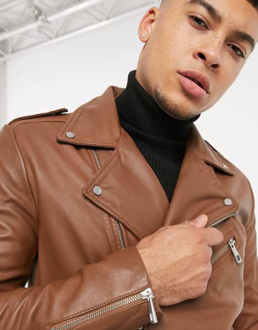 Asos Design Biker Jacke Aus Leder In Hellbraun Asos