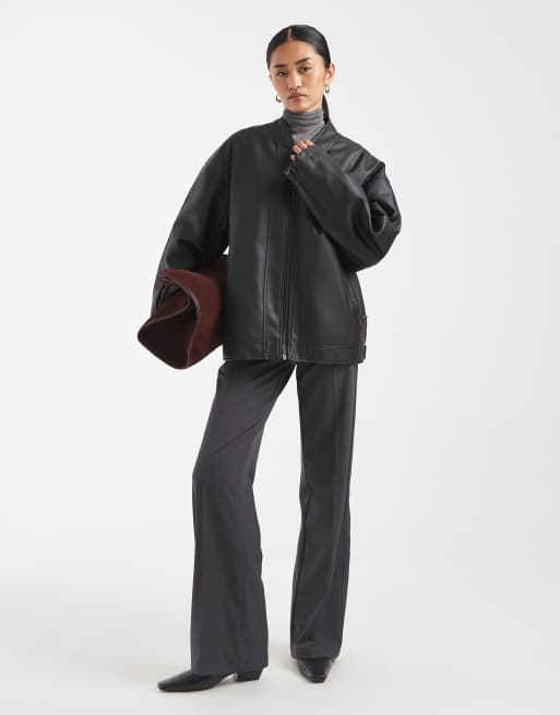 ASOS DESIGN - Bikerjack met leerlook en doorgestikte voering in zwart, 2 van 4