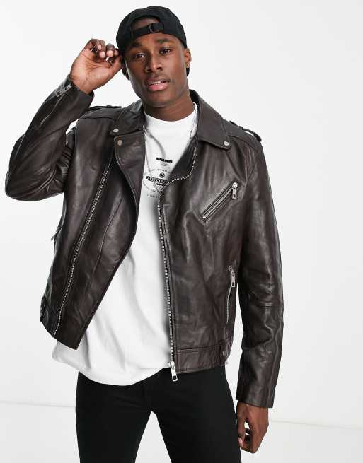 ASOS DESIGN - Bikerjack van echt leer in bruin