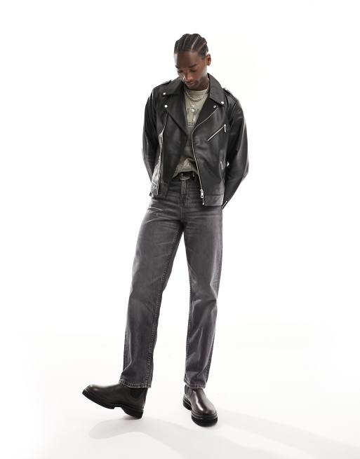 ASOS DESIGN - Bikerjack van echt leer in zwart