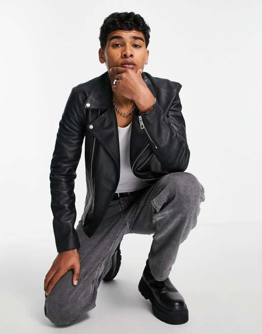 ASOS DESIGN – Bikerjacke aus echtem Leder in Schwarz