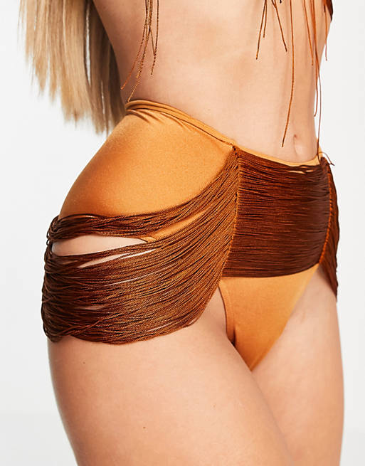  bikini bottom with fringe detail in rust 