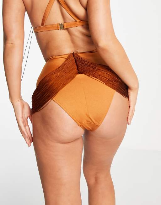 ASOS DESIGN bikini bottom with fringe detail in rust