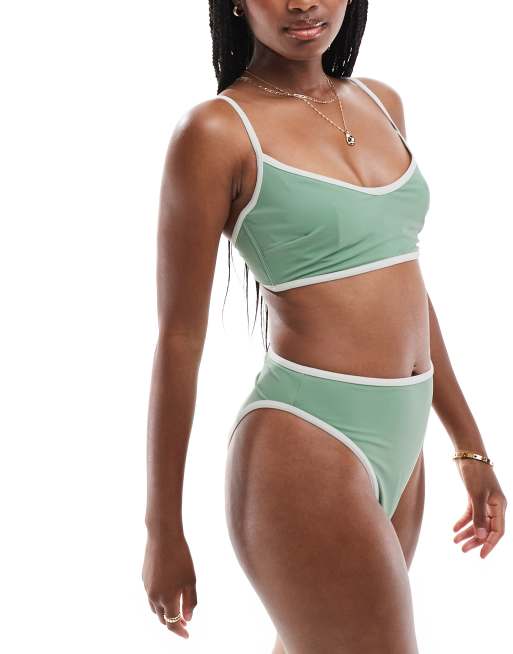 ASOS DESIGN - Bikini met contrasterende biezen in saliegroen