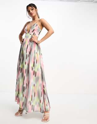 Asos Design Bikini Top Cutout Maxi Dress With Tie Detail In Blurred Multi Print
