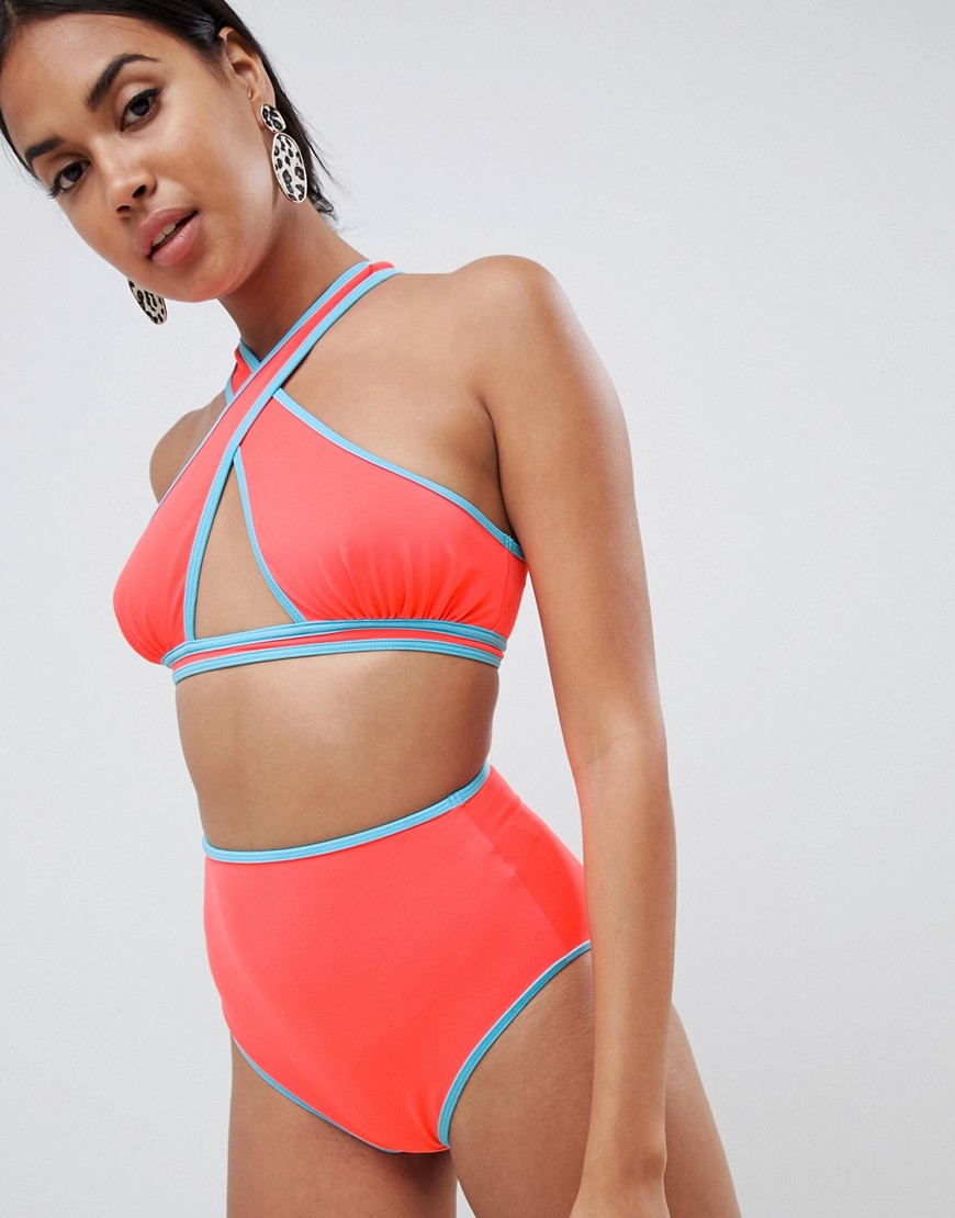 ASOS DESIGN - Bikinibroekje met contrasterend band en hoge taille in neon oranje
