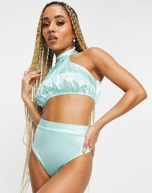 ASOS DESIGN - Bikinibroekje van spiegelsatijn met hoge taille in mintgroen, 3 van 4