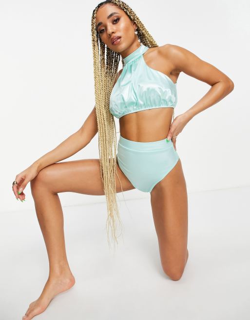 ASOS DESIGN – Bikinioberteil aus glänzendem Satin in Minzgrün mit hohem Racer-Ausschnitt, 4 von 4