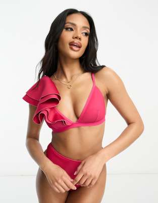 ASOS DESIGN - Bikinioberteil in leuchtendem Rosa mit gerüschter Schulterpartie