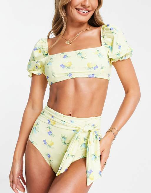 ASOS DESIGN – Bikinioberteil mit Puffärmeln und Zitronenmotiv