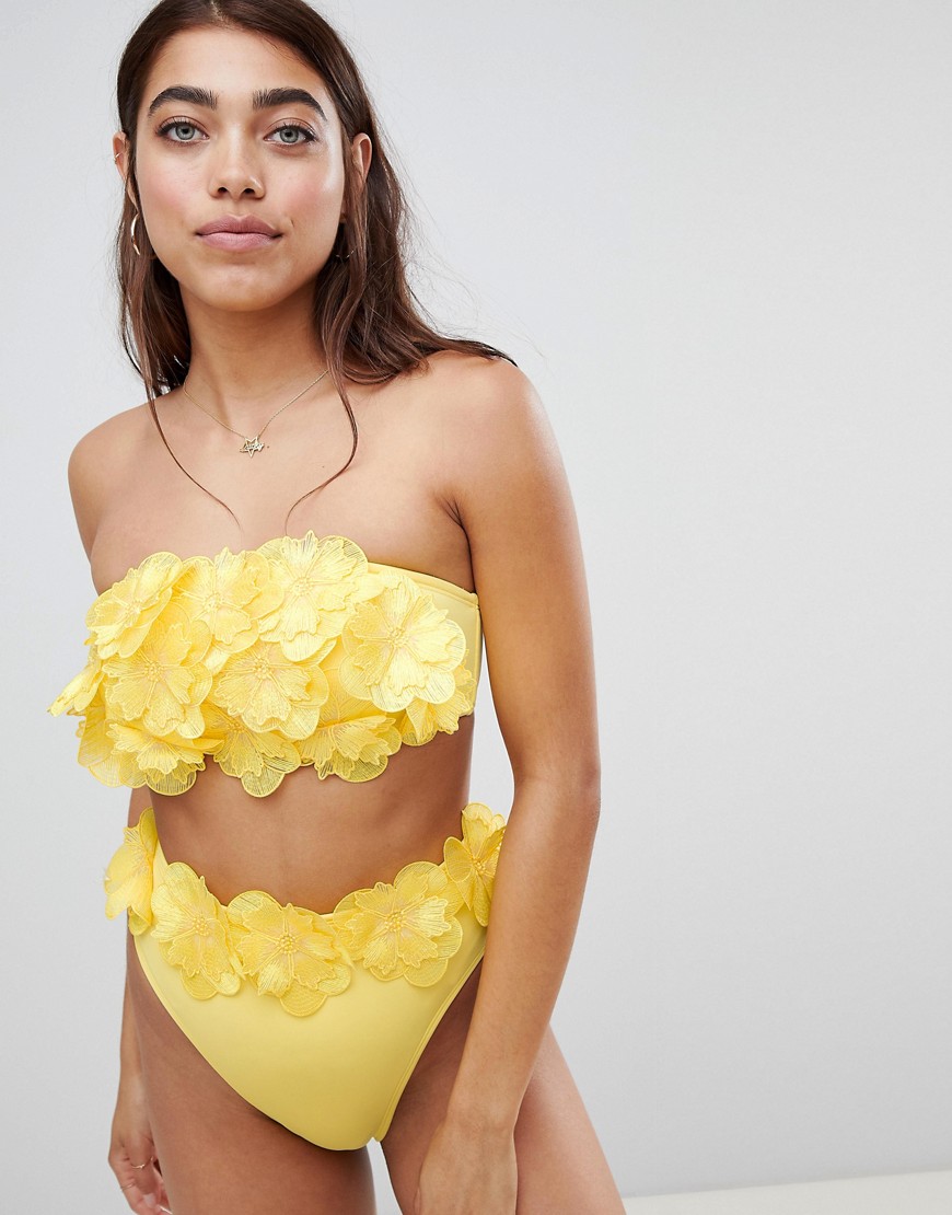 ASOS DESIGN – Bikiniunderdel med hög benskärning och hög midja i 3D-mönster-Gul