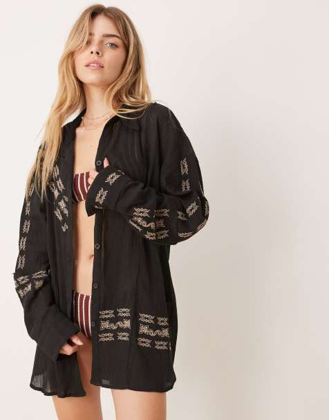 ASOS DESIGN Billie crinkle beach shirt in embroidered bandana print - view 1