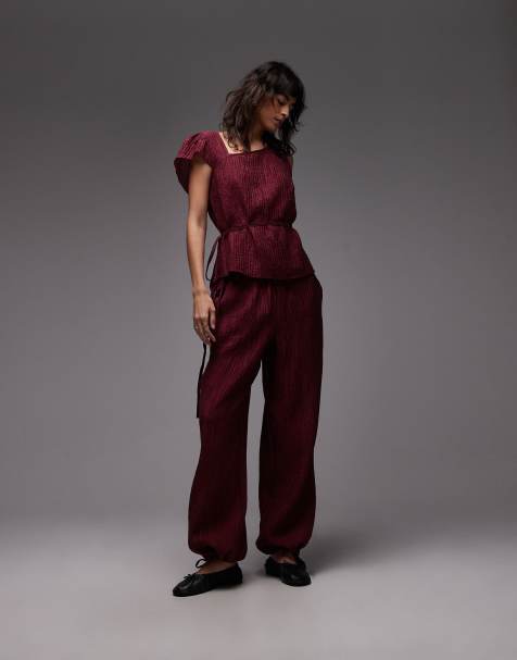 ASOS DESIGN billow pants in crinkle in burgundy - part of a set - view 1