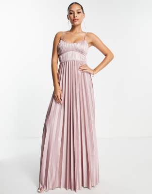 ASOS DESIGN binded seamed pleated satin maxi dress in dark rose-Pink