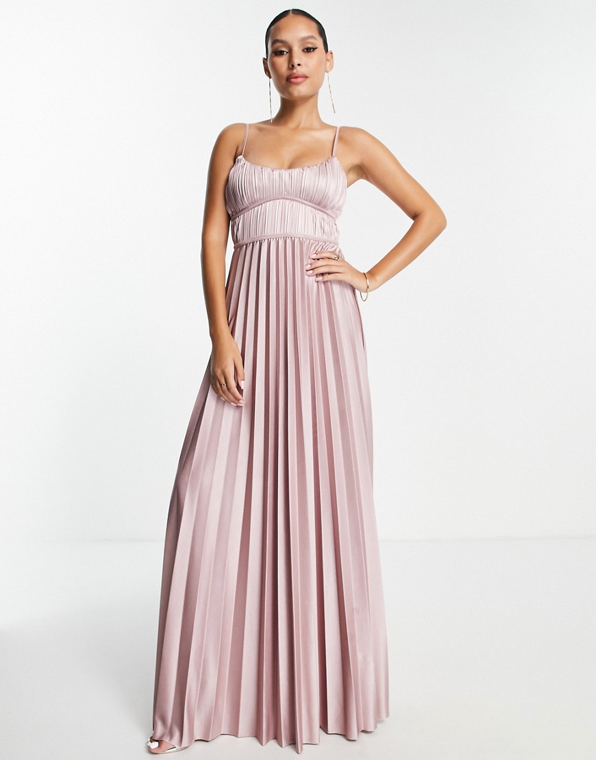 ASOS DESIGN binded seamed pleated satin maxi dress in dark rose-Pink