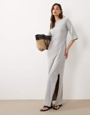 ASOS DESIGN binding boat neck detail three quarter sleeve midaxi dress in gray heather