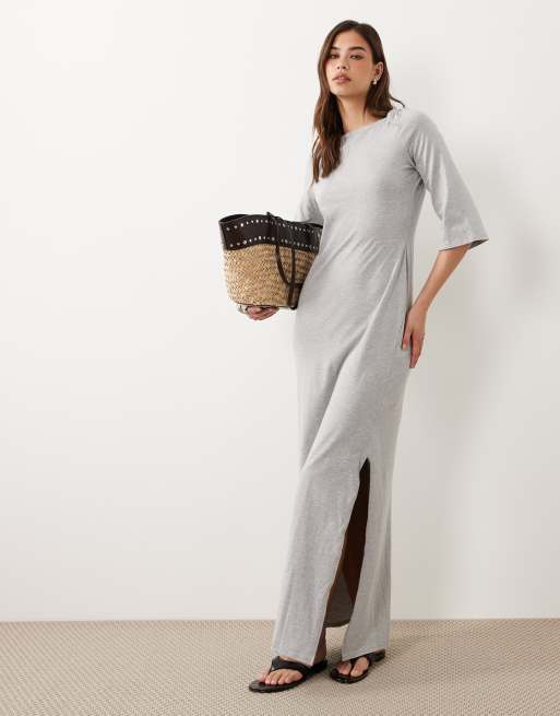ASOS DESIGN binding boat neck detail three quarter sleeve midaxi dress in  gray heather | ASOS