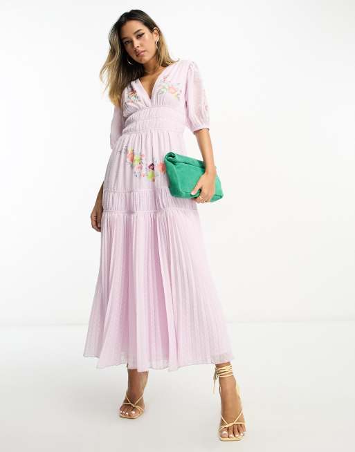 Asos design pleated hot sale embroidered midi dress