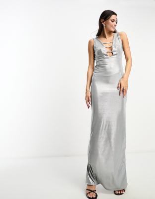 Asos Design Binding Detail Front Maxi Dress In Metallic Silver