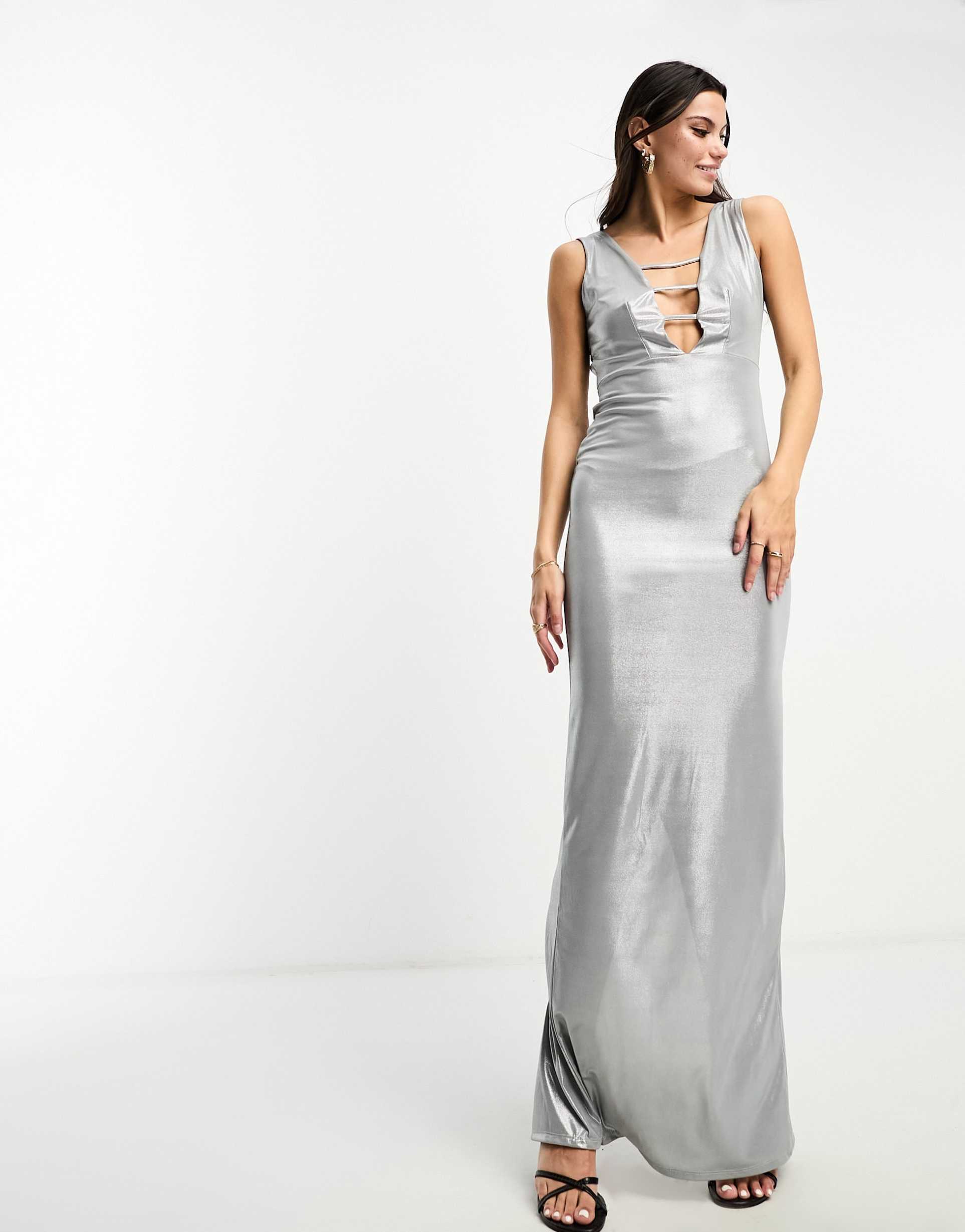 asos design binding detail front maxi dress in metallic silver