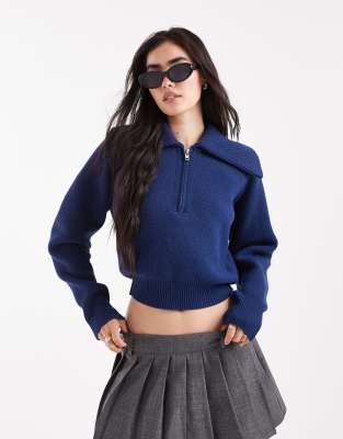 ASOS DESIGN - Bis zur Taille reichender Pullover in Marineblau mit Kragen und halblangem Reißverschluss