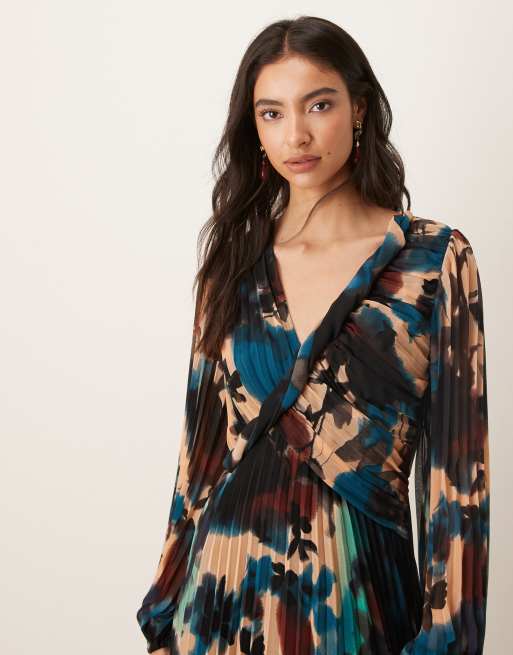 ASOS DESIGN – Blå, abstrakt mönstrad midiklänning med omlottdesign framtill, plissering och snurrad knut, 3 av 4