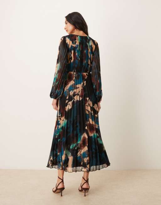 ASOS DESIGN – Blå, abstrakt mönstrad midiklänning med omlottdesign framtill, plissering och snurrad knut, 4 av 4