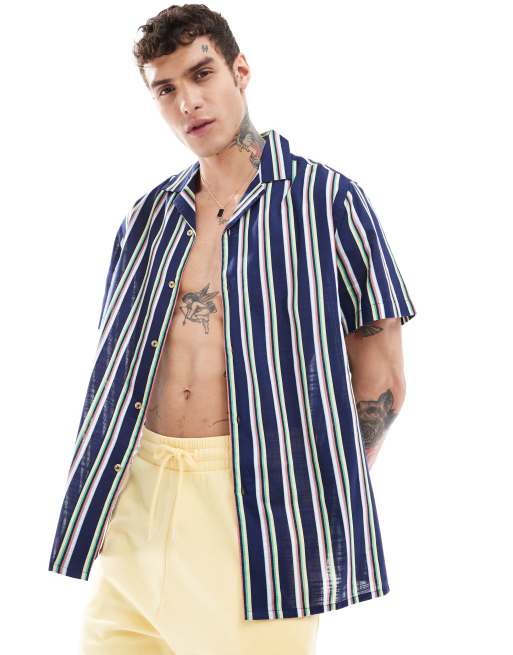 ASOS DESIGN - Blå, afslappet og stribet skjorte med revers i hørlook