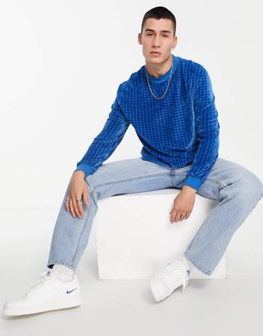 ASOS DESIGN - Blå afslappet T-shirt i velour med burnout-tern og lange ærmer, 2 af 4