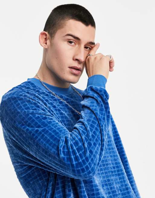 ASOS DESIGN - Blå afslappet T-shirt i velour med burnout-tern og lange ærmer, 4 af 4
