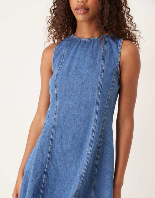 ASOS DESIGN – Blå, ärmlös miniklänning i denim med rak halsringning, 3 av 4