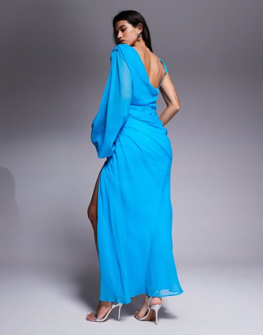 ASOS DESIGN - Blå asymmetrisk maxikjole med draperet overlag og blouson-ærmer, 3 af 4