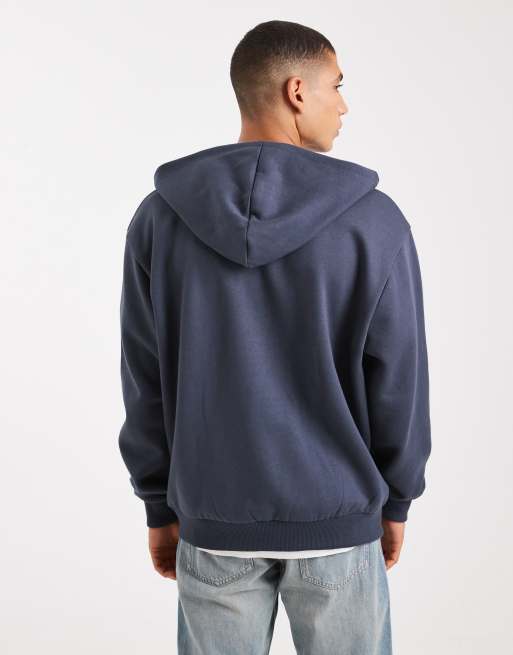 ASOS DESIGN – Blå, avslappnad huvtröja med dragkedja och påsytt tryck, 3 av 5