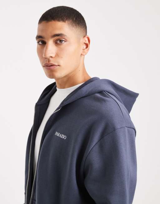 ASOS DESIGN – Blå, avslappnad huvtröja med dragkedja och påsytt tryck, 4 av 5