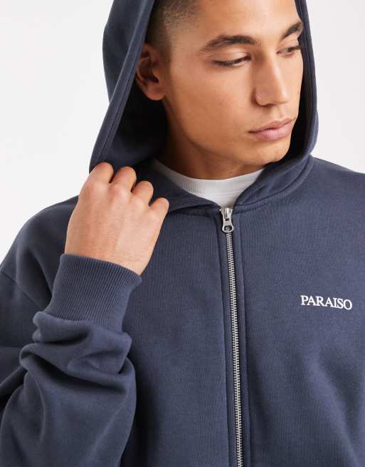 ASOS DESIGN – Blå, avslappnad huvtröja med dragkedja och påsytt tryck, 5 av 5