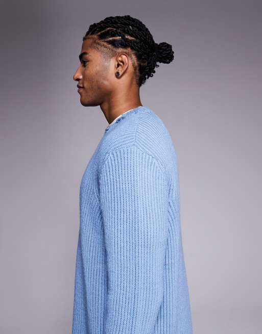 ASOS DESIGN – Blå, avslappnad och stickad tröja med rund halsringning och råskurna kanter, 4 av 5