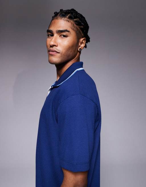 ASOS DESIGN – Blå, avslappnad, strukturerad pikétröja med kontrastfärgad krage, 4 av 5