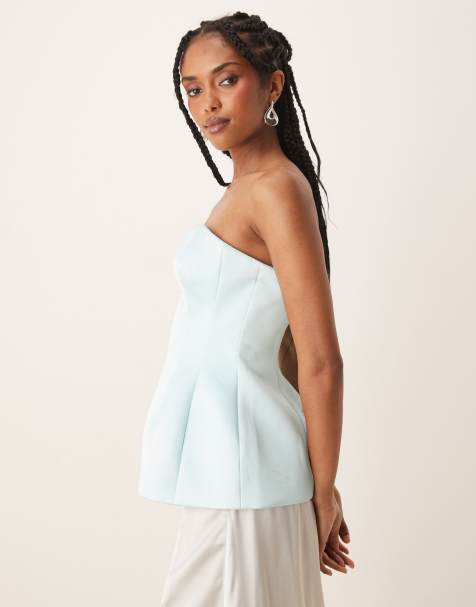 ASOS DESIGN - Blå bandeau-top i satin med struktur og peplum-kant - view 1