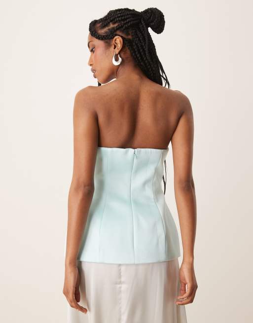 ASOS DESIGN - Blå bandeau-top i satin med struktur og peplum-kant, 4 af 4