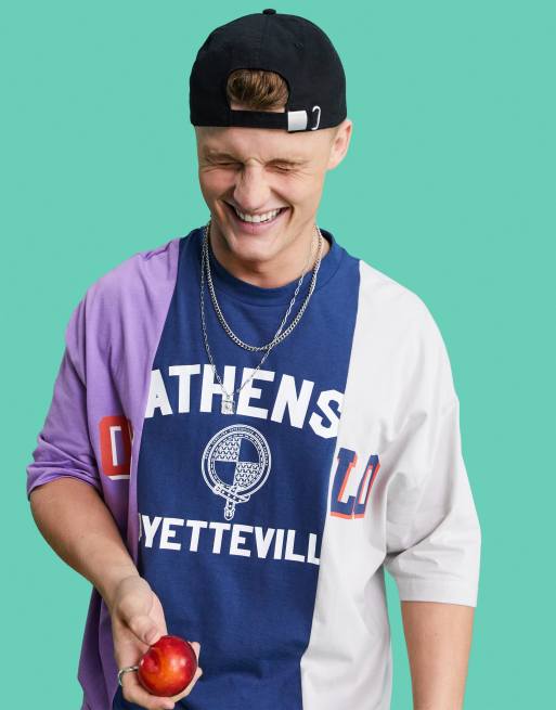ASOS DESIGN – Blå, blockfärgad t-shirt i oversize med collegetryck