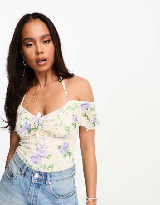 ASOS DESIGN – Blå, blommig body med korta ärmar och milkmaid-ringning i 90-talsstil av mesh, 4 av 4