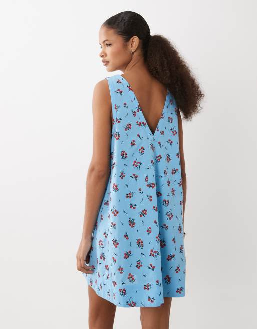 ASOS DESIGN – Blå, blommig miniklänning i bomull och linne med v-ringning och smock, 4 av 4