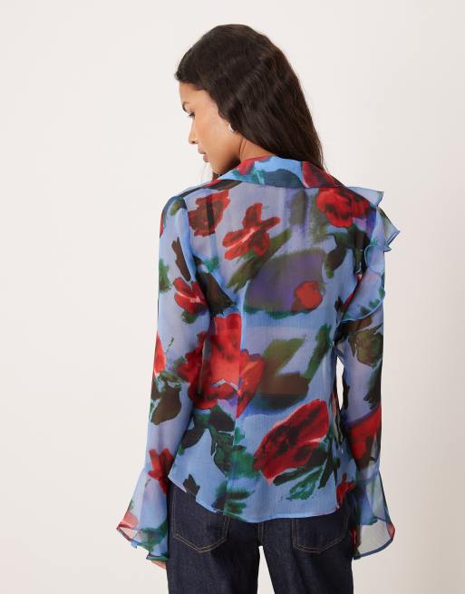 ASOS DESIGN – Blå, blommig, mjuk skjorta med volang och knäppning framtill, 2 av 4