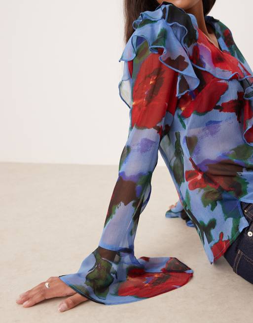 ASOS DESIGN – Blå, blommig, mjuk skjorta med volang och knäppning framtill, 3 av 4
