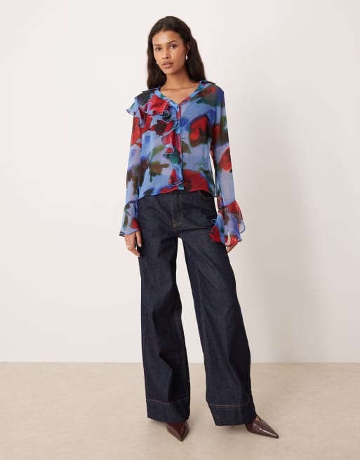 ASOS DESIGN – Blå, blommig, mjuk skjorta med volang och knäppning framtill, 4 av 4